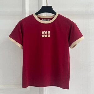 Miu Miu Burgundy Color-Blocked Embroidered Logo Short-Sleeve T-Shirt, Size S.
